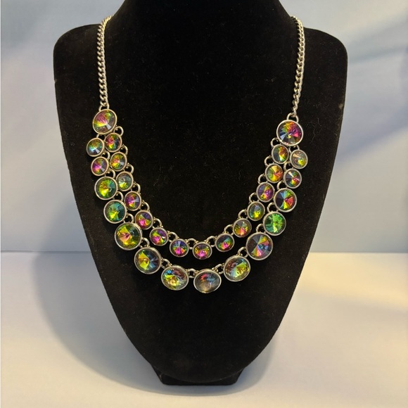 🛍️ 3 for $25 🛍️ Silver Tone Double Layered Watermelon Crystal Necklace 20”+3” - Picture 1 of 12